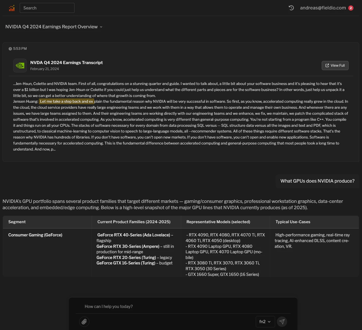 Earnings analysis interface